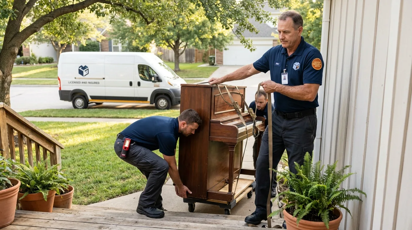 Licensed piano movers securing grand piano in Tariffville, CT