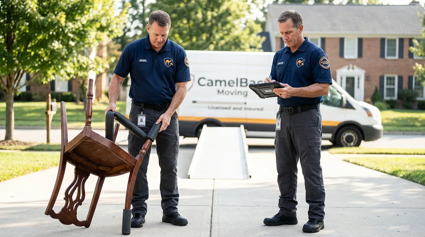 Movers inspecting furniture for damage prevention before loading in Tariffville, CT
