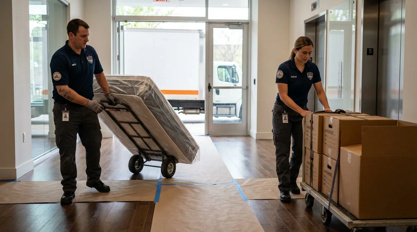 Professional apartment movers loading elevator in Tariffville, CT