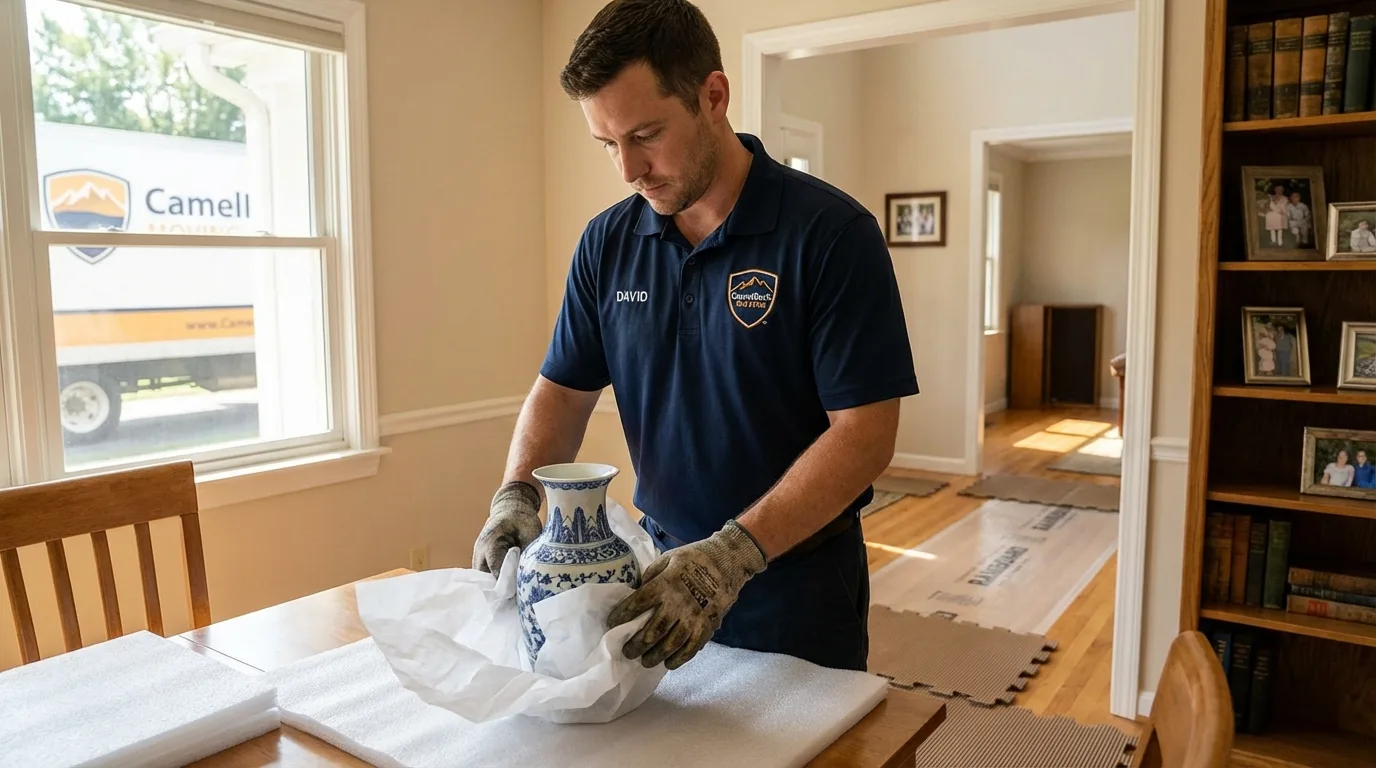 Professional crew carefully wrapping antique vase for senior downsizing move in Tariffville, CT
